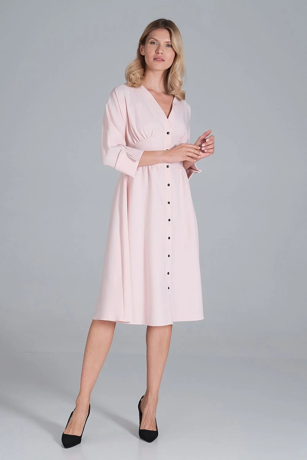 Robe midi polyester élégante rose vive manches trois-quarts boutons col V femme mode chic