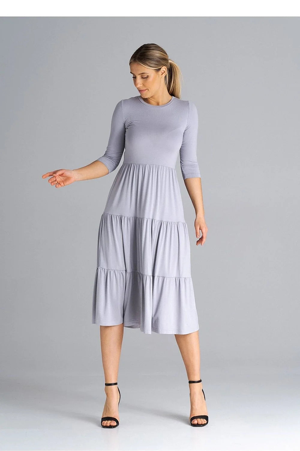 Robe de jour élégante couleur gris clair manches 3/4 encolure ronde plis à la taille robe midi A-line polyester elasthanne femme