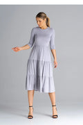 Robe de jour élégante couleur gris clair manches 3/4 encolure ronde plis à la taille robe midi A-line polyester elasthanne femme