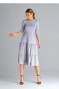 Robe de jour élégante couleur gris clair manches 3/4 encolure ronde plis à la taille robe midi A-line polyester elasthanne femme
