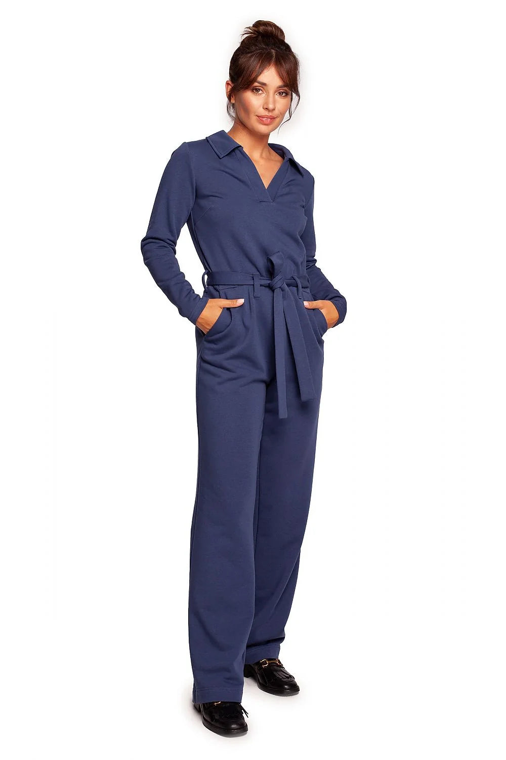 Combinaison Be Wear pour femme, violet intense, combi-pantalon ajusté, col classique, manches longues, ceinture intégrée, poches latérales, tissu doux, 90% coton, 10% polyester
