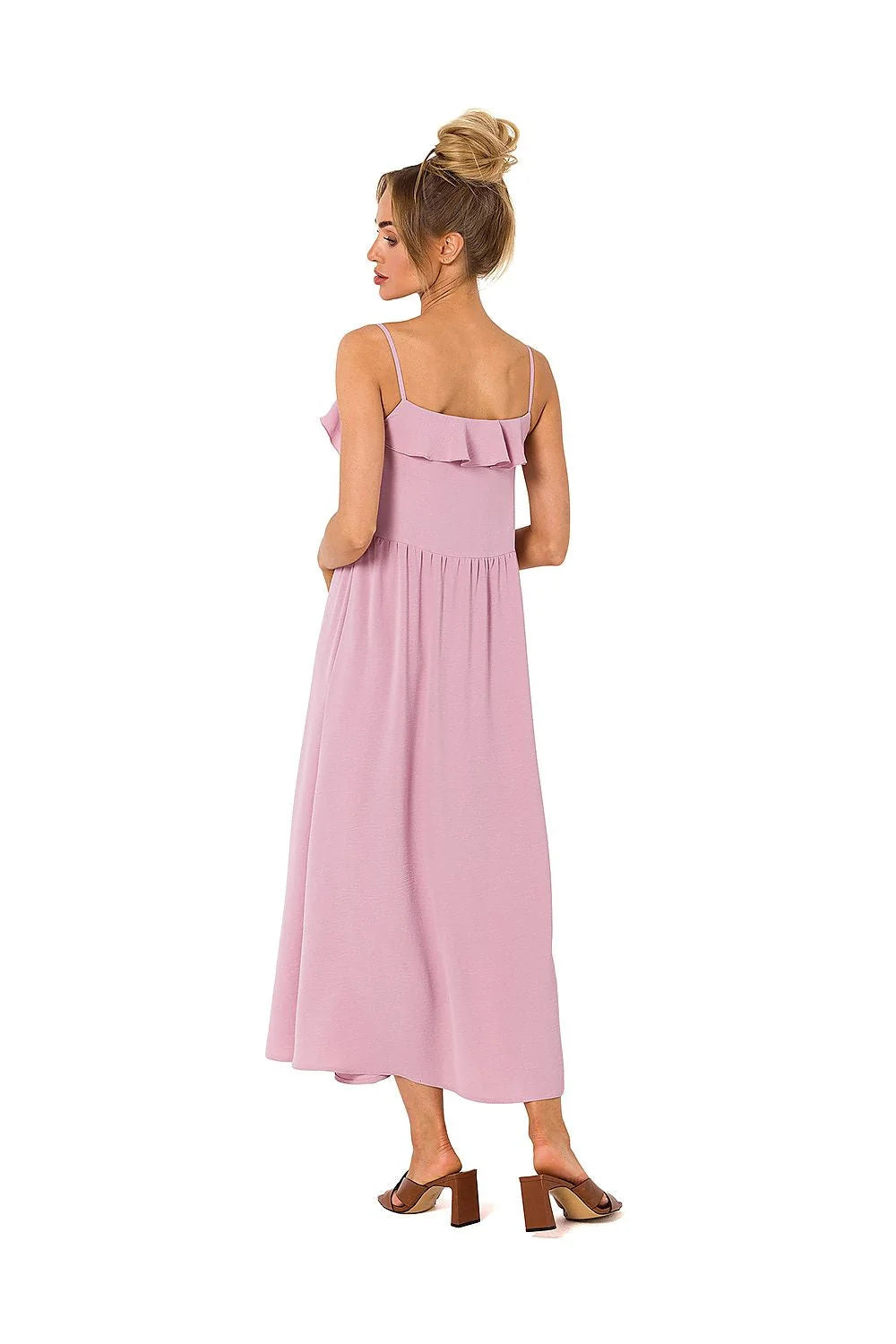 Robe de jour Moe élégante en polyester 95% avec bretelles fines et volants au décolleté en V pour femme, taille ajustable, longueur midi