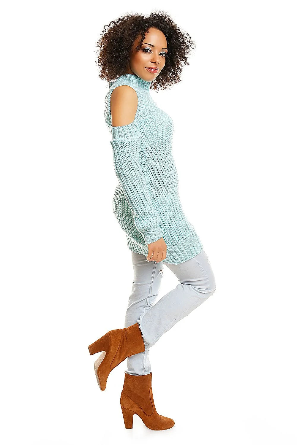 Pull Maille Bleu Clair Épaules Dénudées Chic Confortable Pour Femmes Tendance Hiver Mode Décontractée