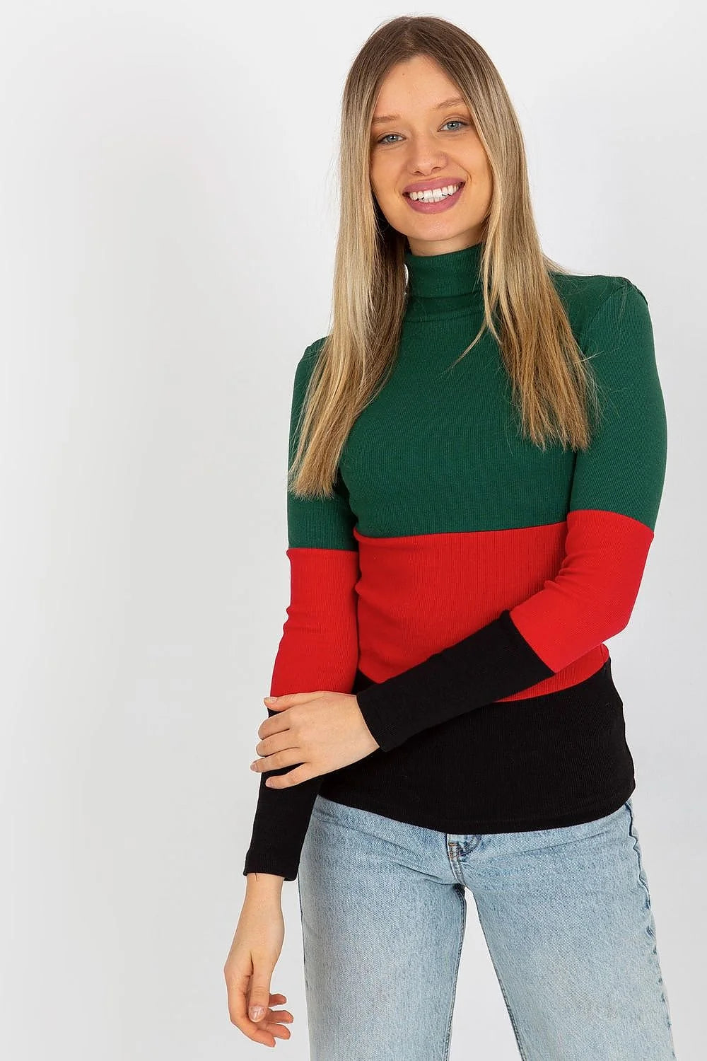 Pull col roulé multicolore maille côtelée coton élasthanne bleu rose vert ajusté manches longues ourlets nets design moderne