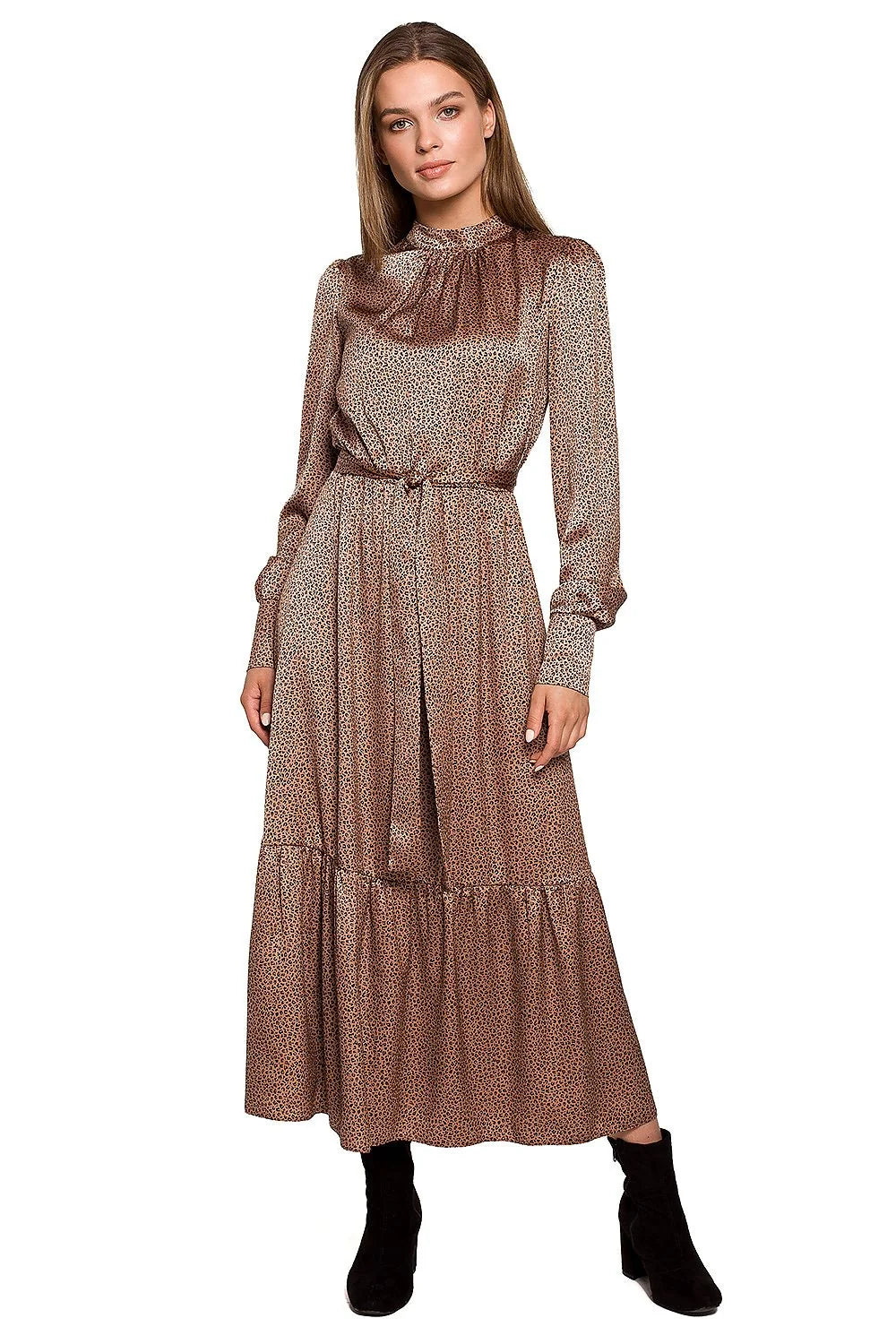 Robe longue polyester chic élégante imprimé léopard automne col haut manches longues ceinture intégrée