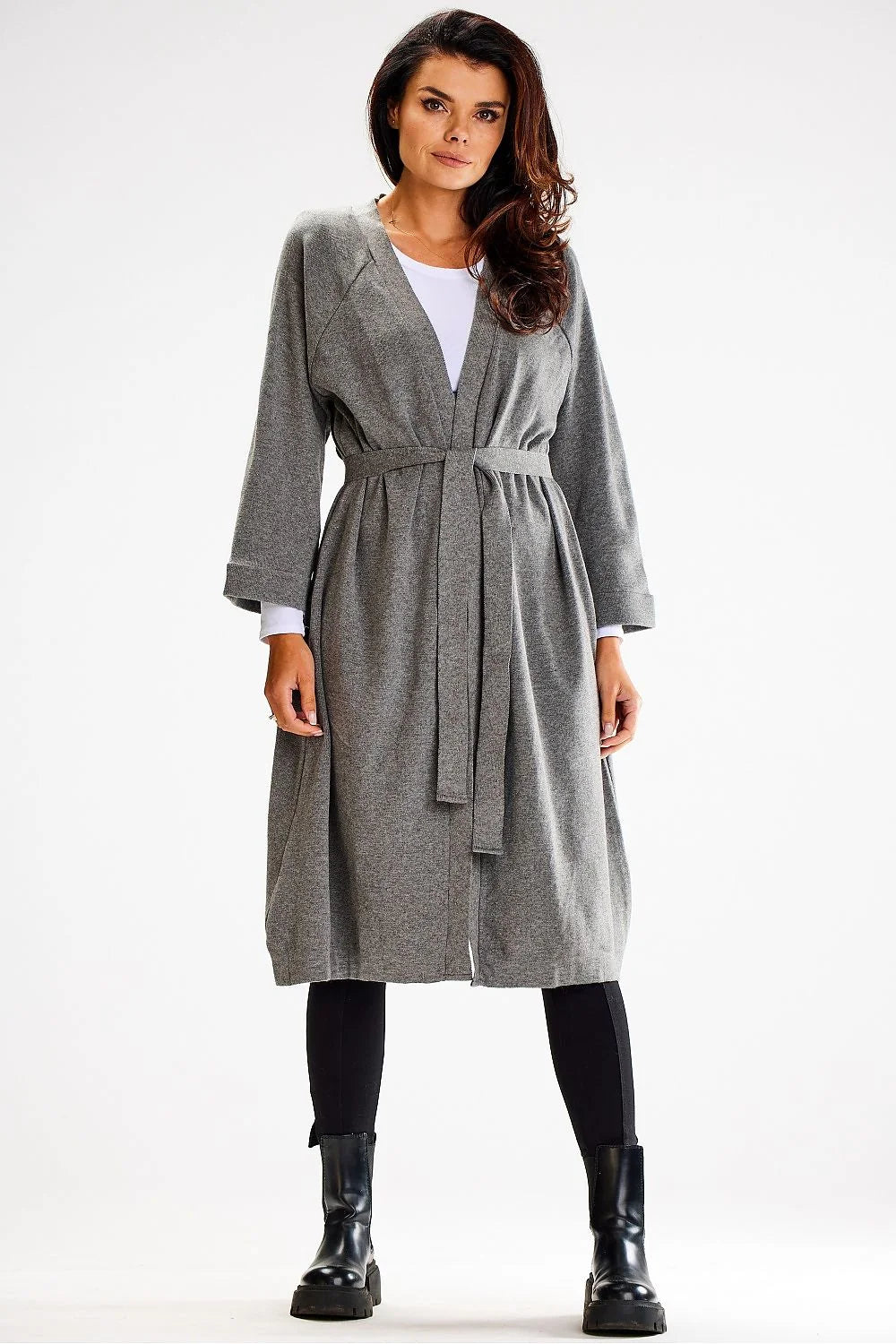 Manteau long pour femme cardigan à manches larges ceinture à nouer matière douce automne-hiver élégance intemporelle