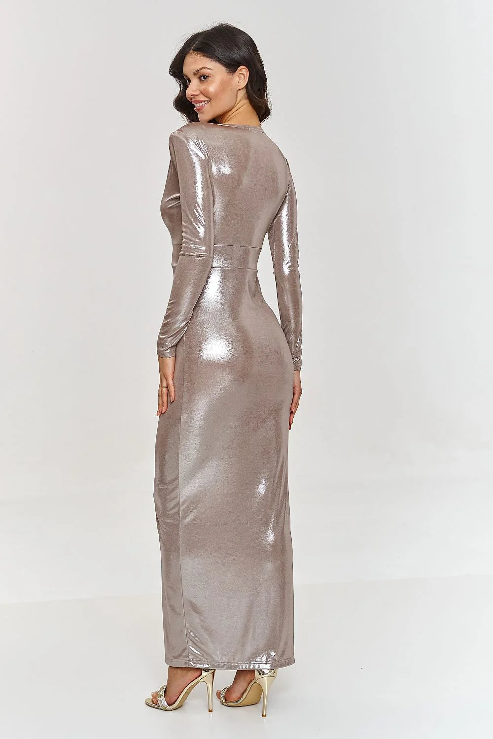 Robe longue Makadamia tissu métallique encolure en V manches longues fente devant soirée formelle femme