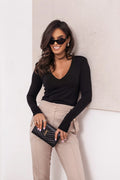chemisier Balancia noir maille fine douce extensible ajusté manches longues col V slim élégant chic basique polyvalent professionnelle soirée