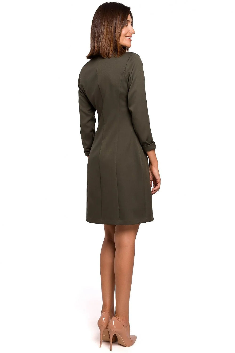 Robe-blazer blanche en polyester élastane chic et élégante, col revers, pour femme professionnelle chic