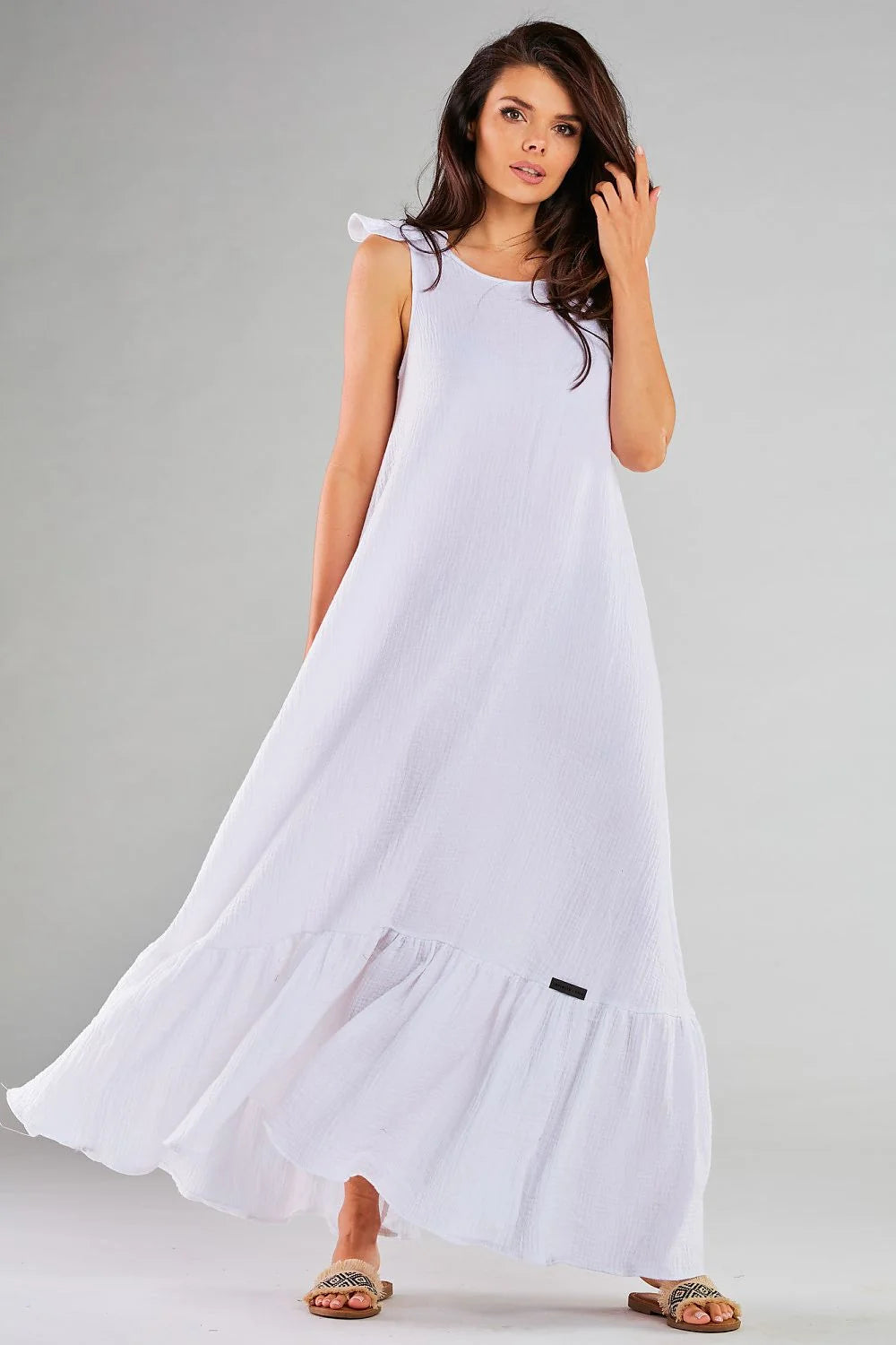 Robe longue Infinite You style romantique coton gauze volants encolure ronde bretelles larges robe été femme