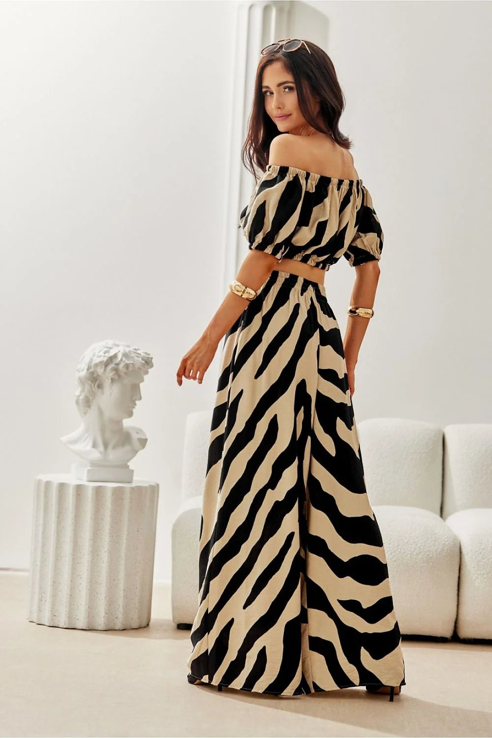 Ensemble mode femme deux pièces zébré blouse crop top manches longues pantalon large taille élastiquée tissu doux style moderne été