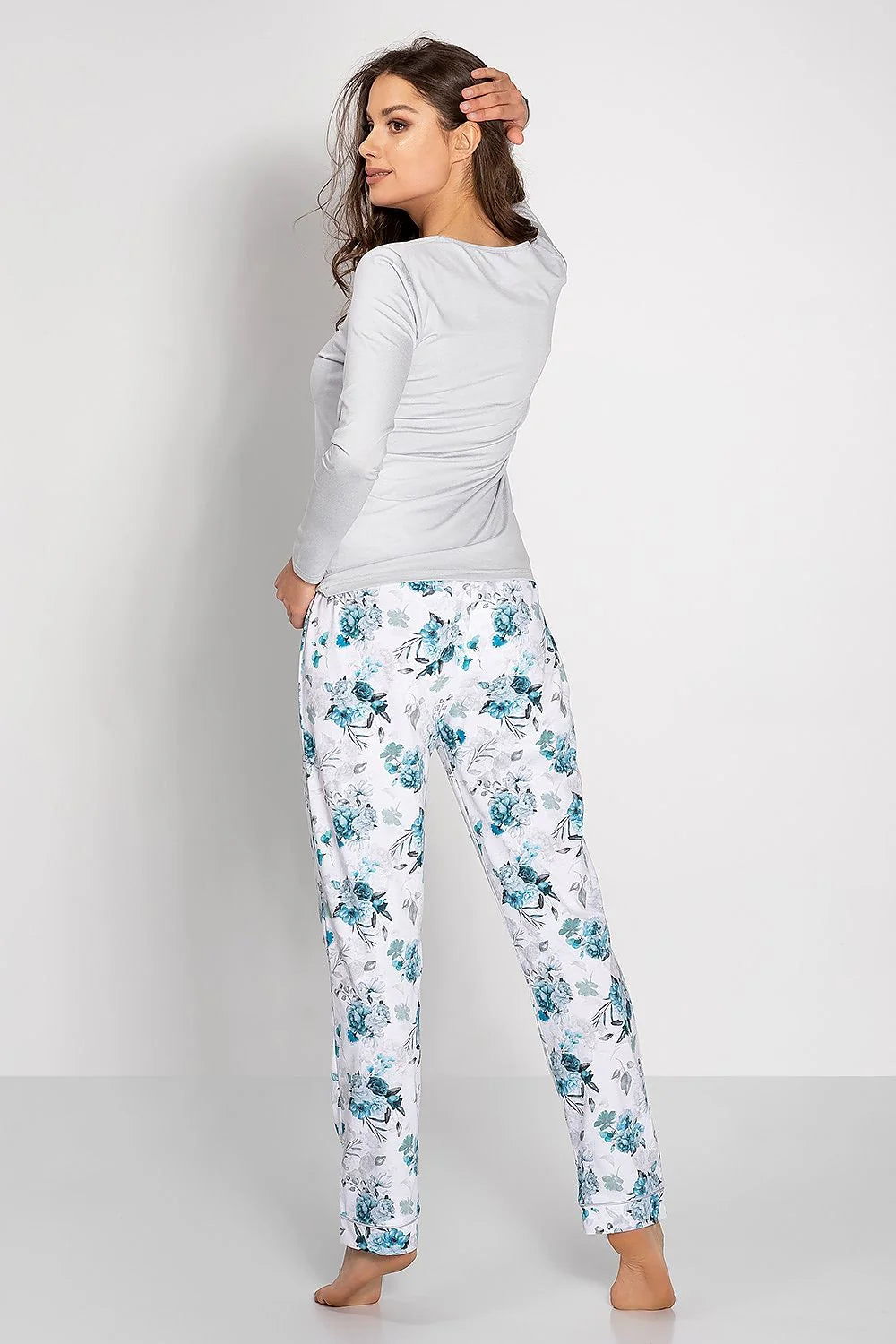 Pyjama femme élégant floral bleu gris clair encolure ronde manches longues pantalon ajustable imprimé fleurs