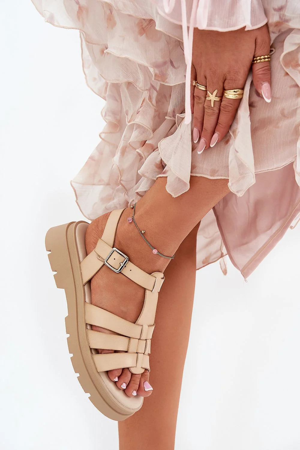 Sandales pour femmes en cuir artificiel style moderne élégant plateforme 3 cm beige ajustables bride métallique Perlés roses