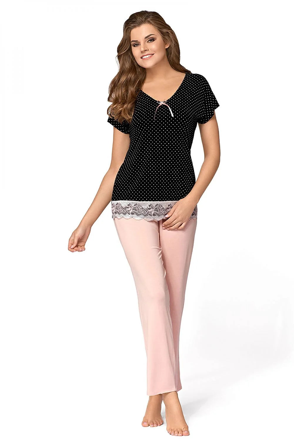 pyjama Babella Iris femme deux pièces top noir pois blancs noeud rose dentelle blanche pantalon rose poudré