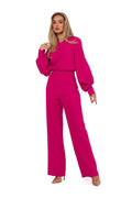 Combinaison femme élégante moderne longues manches encolure ronde pantalon large couleur rose vif taille ajustable polyester elasthanne