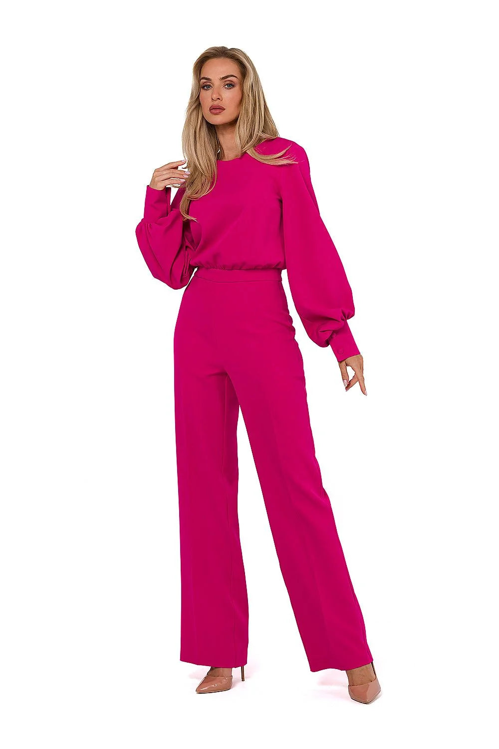 Combinaison femme élégante moderne longues manches encolure ronde pantalon large couleur rose vif taille ajustable polyester elasthanne