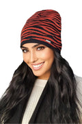 Bonnet ZAINA femme design moderne audacieux motif zébré rouge noir tricot hypoallergénique confort saison froide