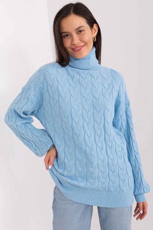 pull femme col roulé torsadé tressé bleu pastel clair maille tricotée douce oversize manches longues épaules tombantes
