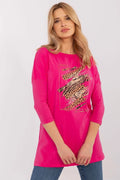 T-shirt femme casual motif animal fuchsia rose coton respirant coupe ample manches 3/4 col rond