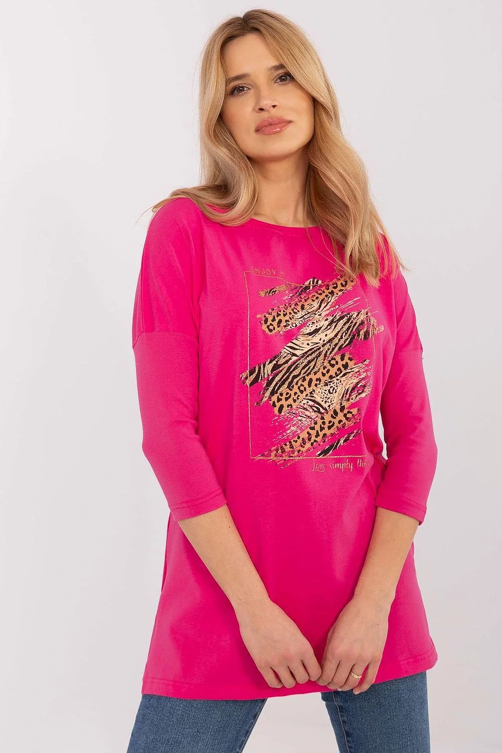 T-shirt femme casual motif animal fuchsia rose coton respirant coupe ample manches 3/4 col rond