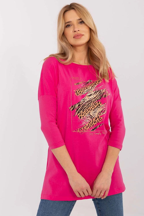 T-shirt femme casual motif animal fuchsia rose coton respirant coupe ample manches 3/4 col rond