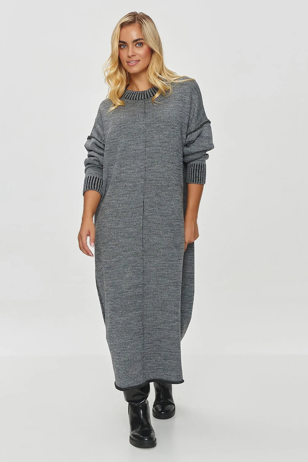 robe pull longue maxi tricotée gris chiné oversize coupe droite manches bouffantes bordcôtes col rond cheville douce chaude