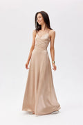 Robe élégante longue sans manches dos noué satiné beige champagne pour femme occasion spéciale
