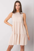 Robe de jour Rue Paris en coton 100% sans manches trapeze volants beige clair rayures verticales blanches