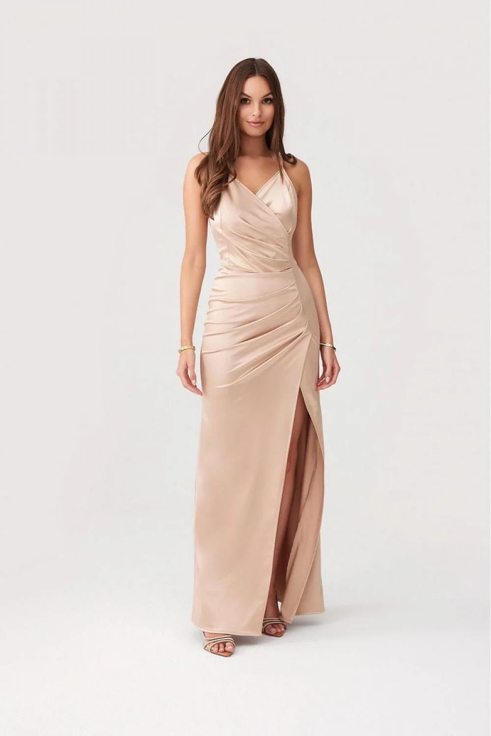 Robe de soirée élégante longue tissu satiné or rose décolleté V croisé bretelles fines taille ajustable fente haute femme