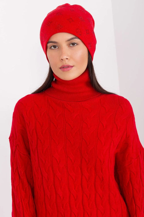 bonnet hiver femme cachemire acrylique coton douceur soyeuse chaud ajusté coupe classique strass brillants rouge vif finitions soignées