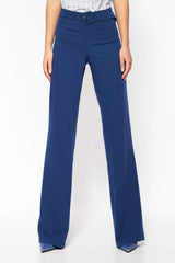pantalon femme taille haute jambe large évasée cheville couvrant bleu roi tailleur ceinture boucle carrée tissu structuré allongeant