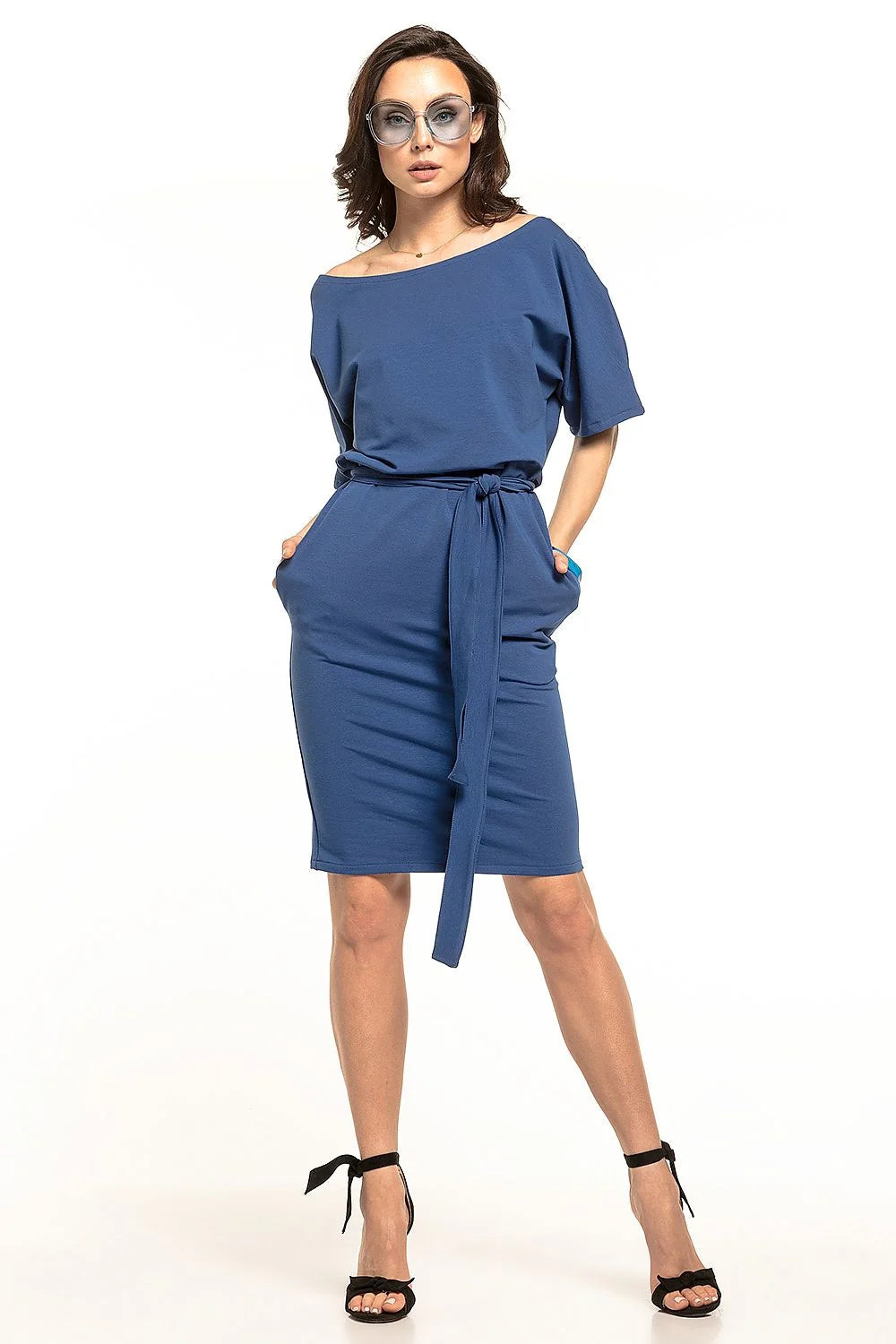 Robe Tessita midi ceinturée jaune vif coupe droite fourreau buste ample manches kimono jersey stretch fluide poches invisibles encolure bateau