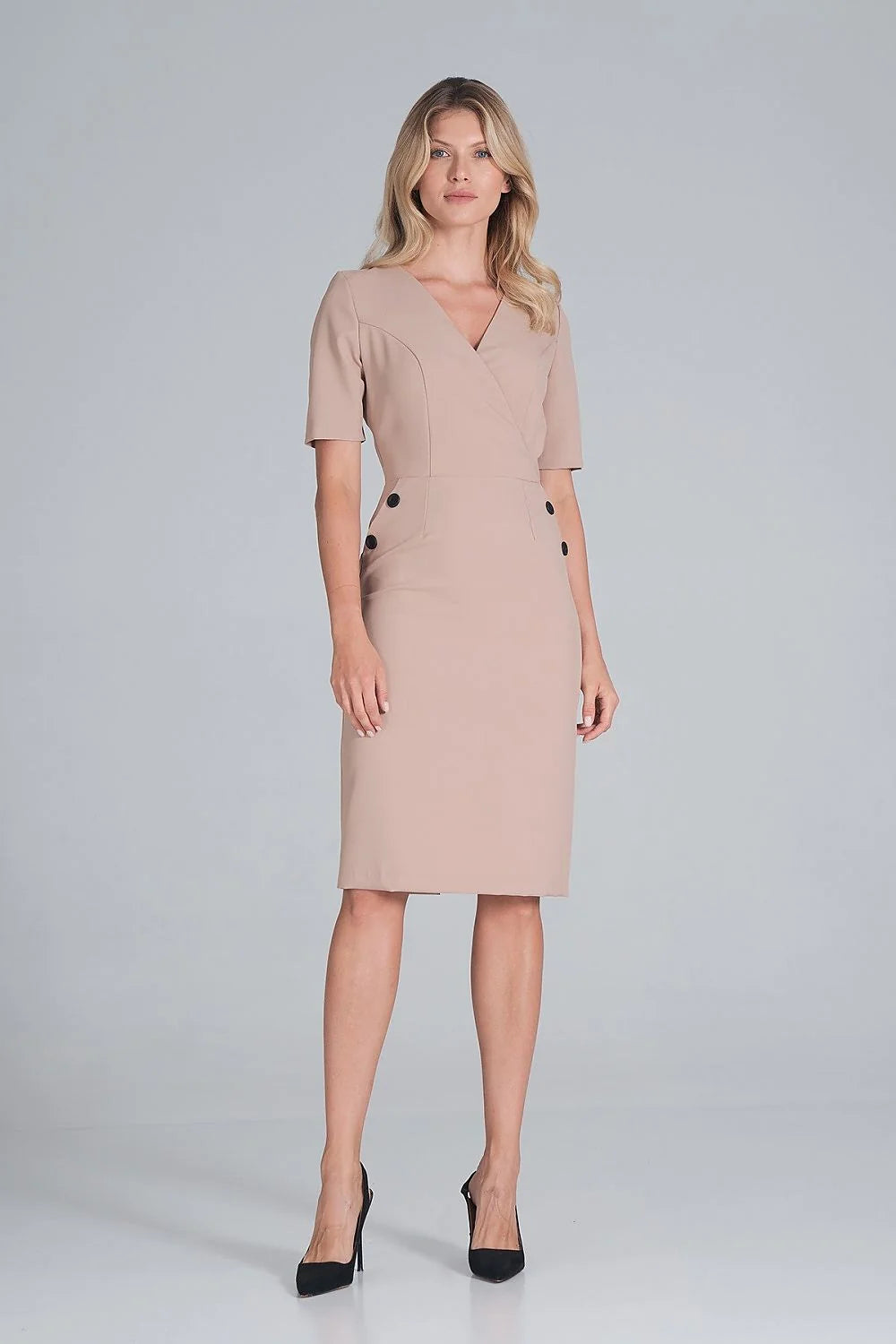 Robe élégante bleu marine polyester manches courtes col V ajustée professionnelle femme mode chic