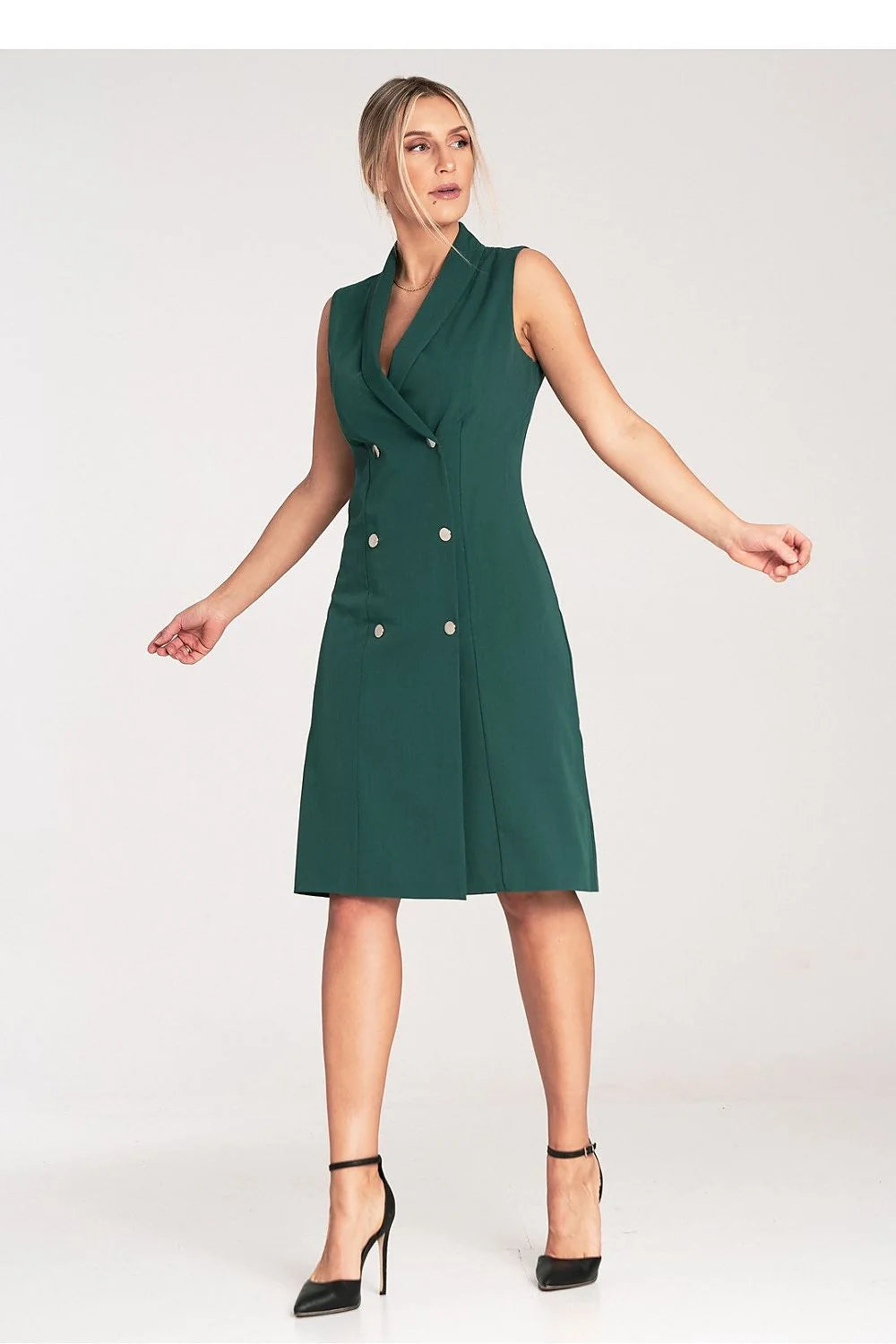 Robe élégante sans manches style veston croisé couleur verte foncée matières de haute qualité femme coupe droite ajustée