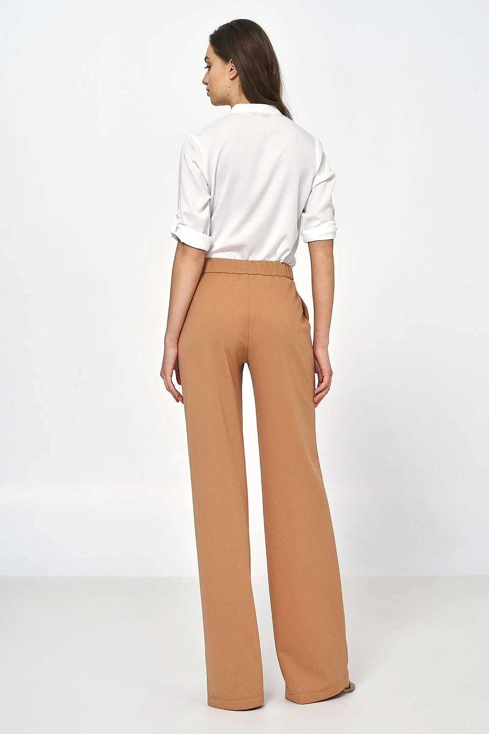 Pantalon femme beige ample coupe haute taille ajustable élasthanne polyester manches longues style élégant