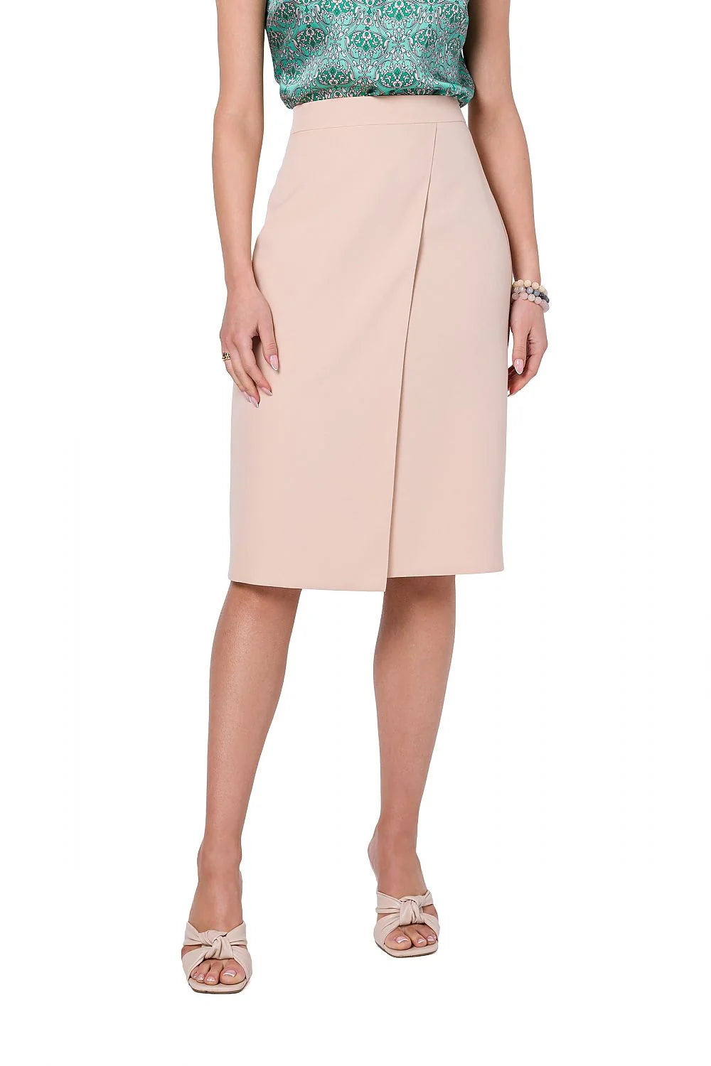 jupe stylove femme élégante asymétrique portefeuille rose poudré polyester elasthanne stretch taille haute ajustable doublée soignée mi longue moulante
