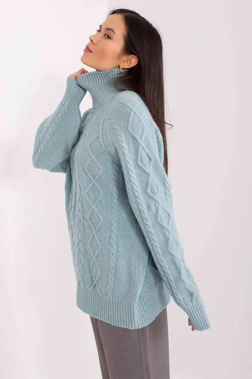 Pull tricot femme col roulé motif torsade bleu pâle style décontracté élégant matériau doux confortable manches larges finitions côtelées ocasiones quotidienne
