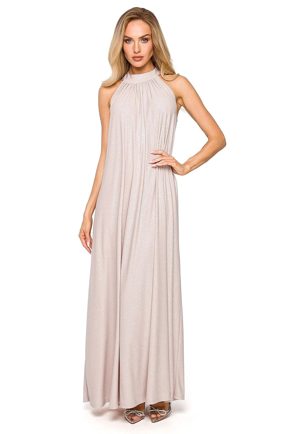 Robe de soirée élégante vert émeraude décolleté dos nu tissu brocart ceinture en chaîne dorée femme mariage gala