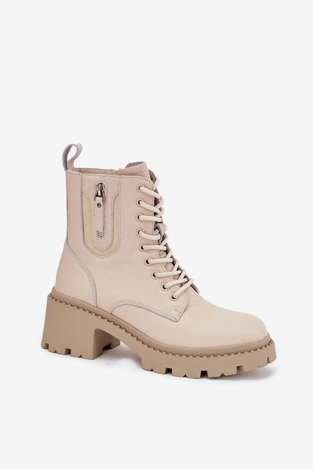 bottines femme Vinceza cuir naturel grainé beige mi cheville lacets zip latéral talon bloc six centimetres semelle crantée
