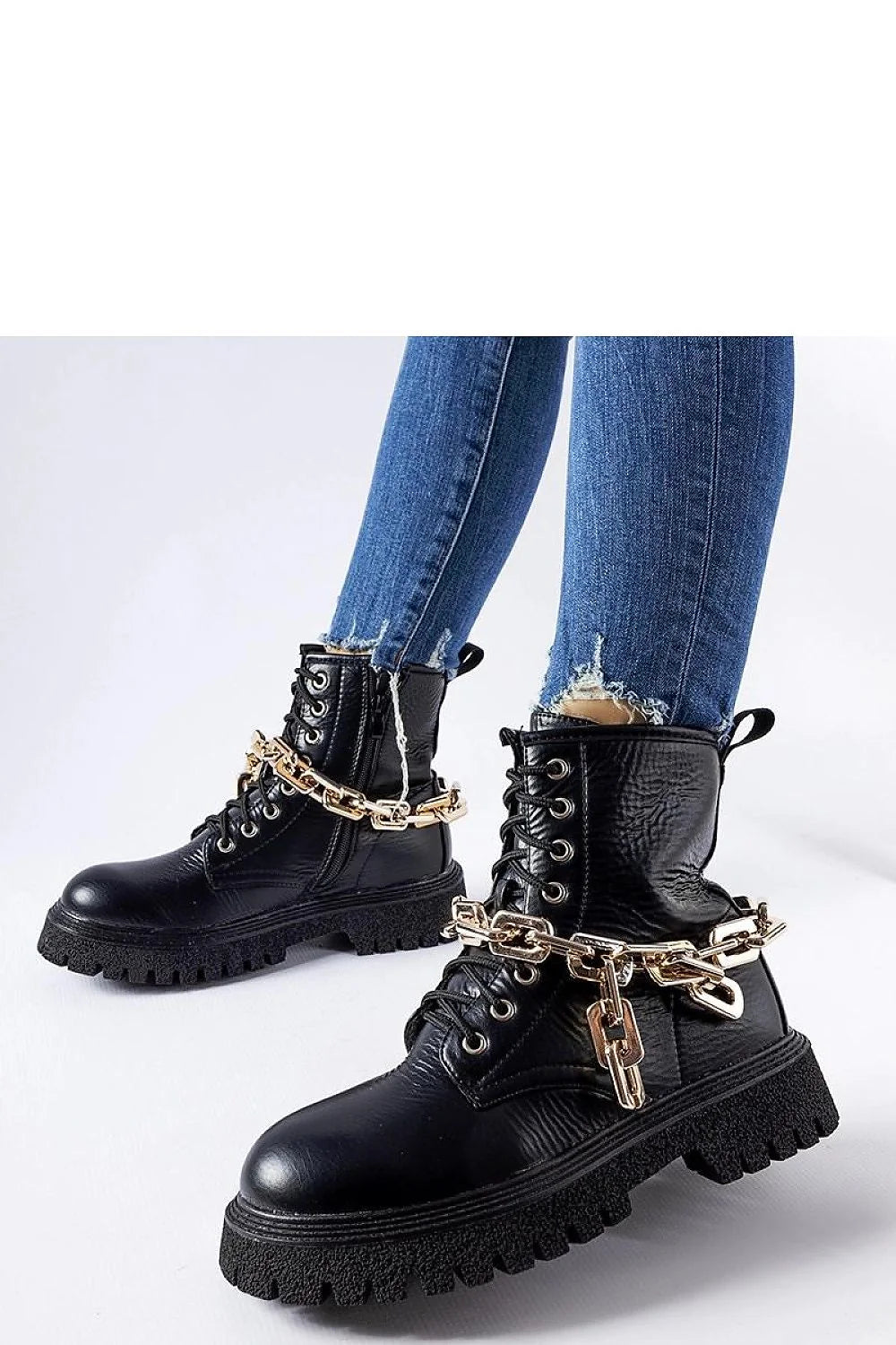 Bottes trappeur Solea femmes design robuste style militaire cuir synthétique chaîne dorée cheville soutien ankle boot