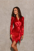 Robe de soirée élégante courte manches longues nœud asymétrique satiné rouge vif ajustée femme