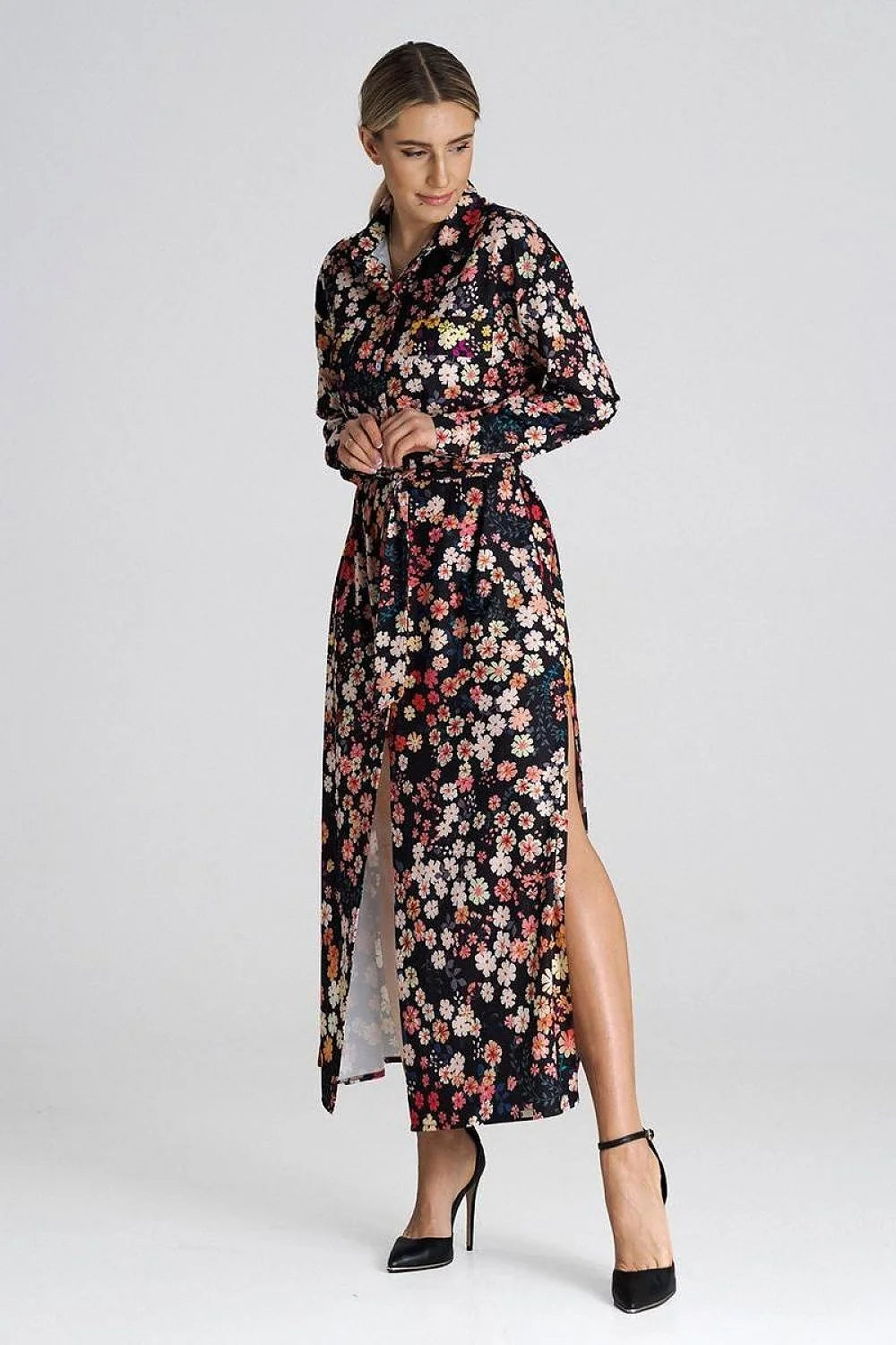 Robe longue à motifs floraux élégante chemise manches longues ceinture fente sexy polyester 97% femme
