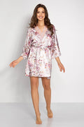 Robe de chambre féminine élégante courte satin soyeux motif floral col V manches longues ceinture incluse couleur beige taille ajustable