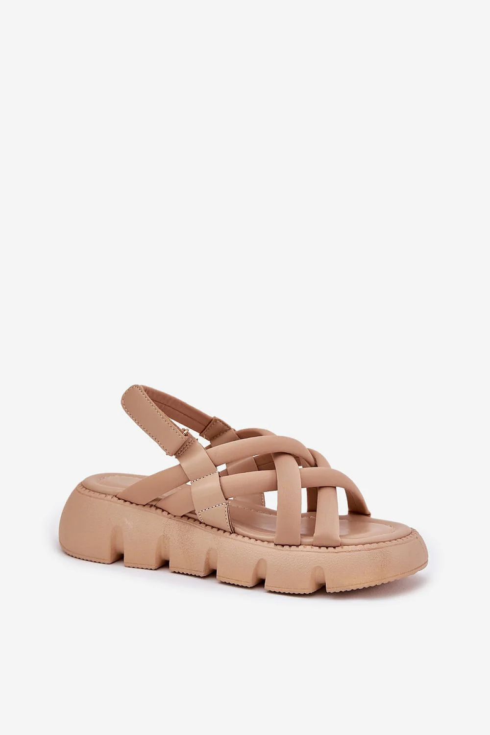 sandales femmes modernes décontractées plateforme quatre centimetres larges lanières entrecroisées rembourrées synthétique effet cuir beige semelle épaisse crantée antidérapante ajustable