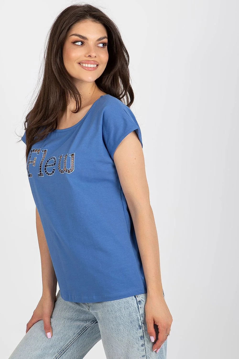 T-shirt Fancy pour femmes bleu vif motif Flew coton élasthanne coupe ample manches courtes col rond