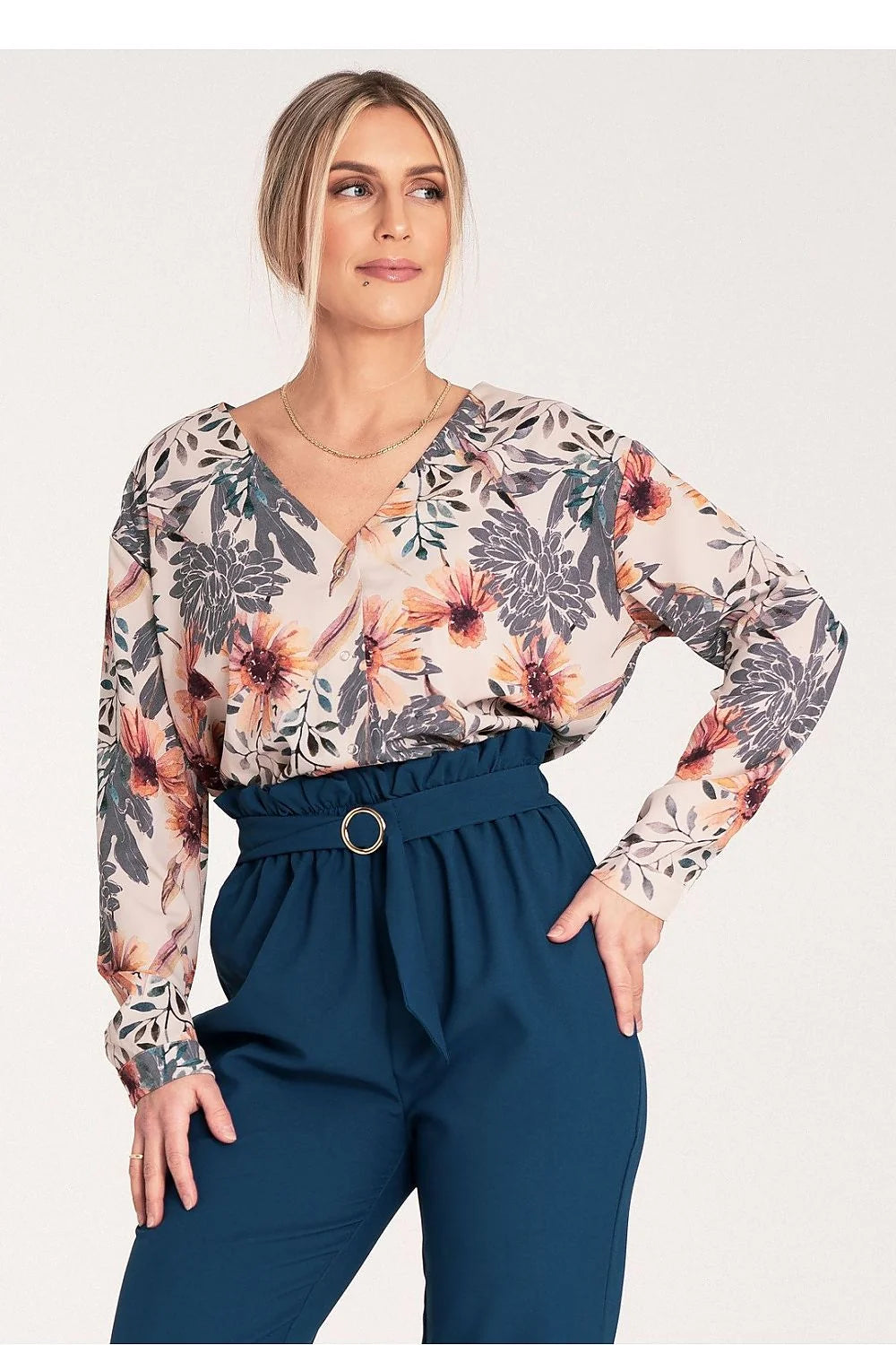 Chemise élégante pour femme motif floral audacieux manches longues coupe décontractée encolure en V femmes