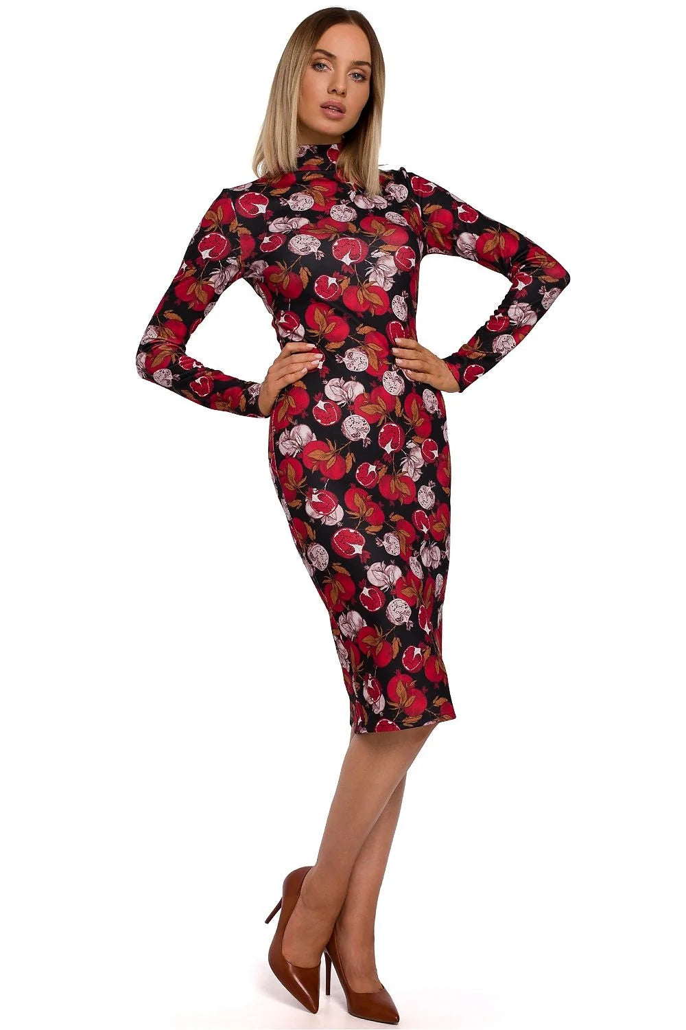 robe ajustée midi fourreau cintrée col montant manches longues maille extensible jacquard géométrique multicolore bleu nuit bordeaux élégant sophistiquée