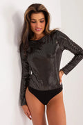 Body élégant pour femmes longues manches tissu brillant noir motifs argentés soirée style moderne