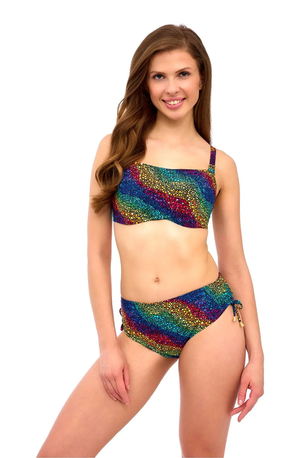 Maillot de bain deux pièces vibrant multicolore bandeau bretelles ajustables taille haute cordon serrage doré plage piscine été femme