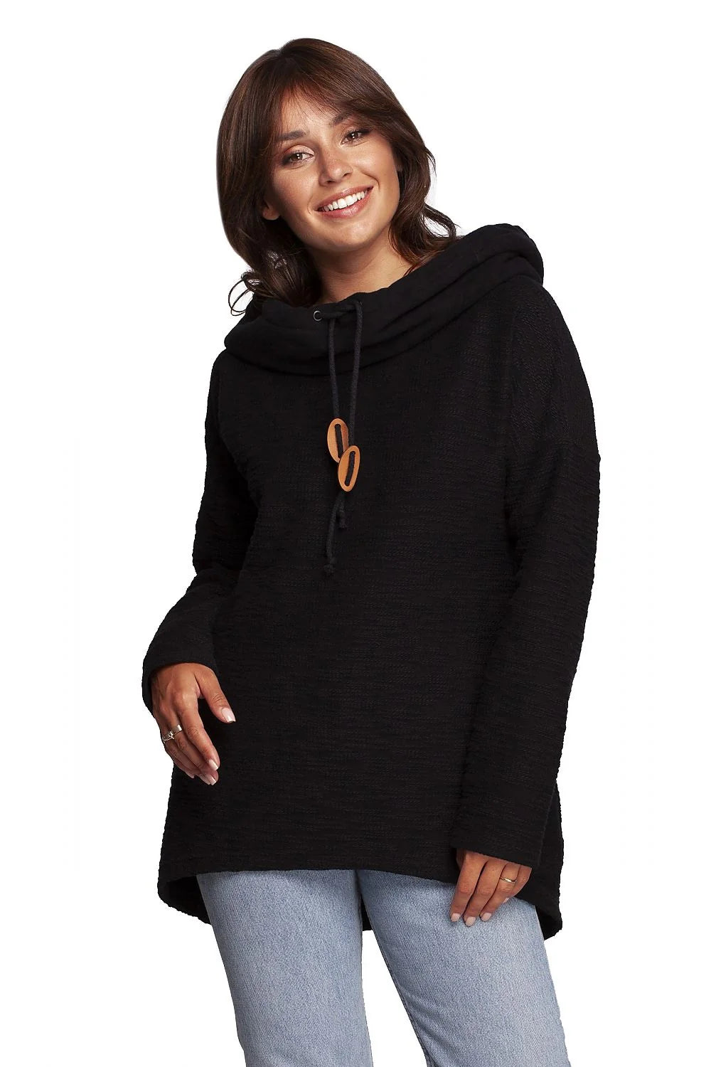 sweatshirt oversize femme crème coton doux confortable coupe ample tunique asymétrique col cheminée cordons pastilles marron poches latérales manches longues